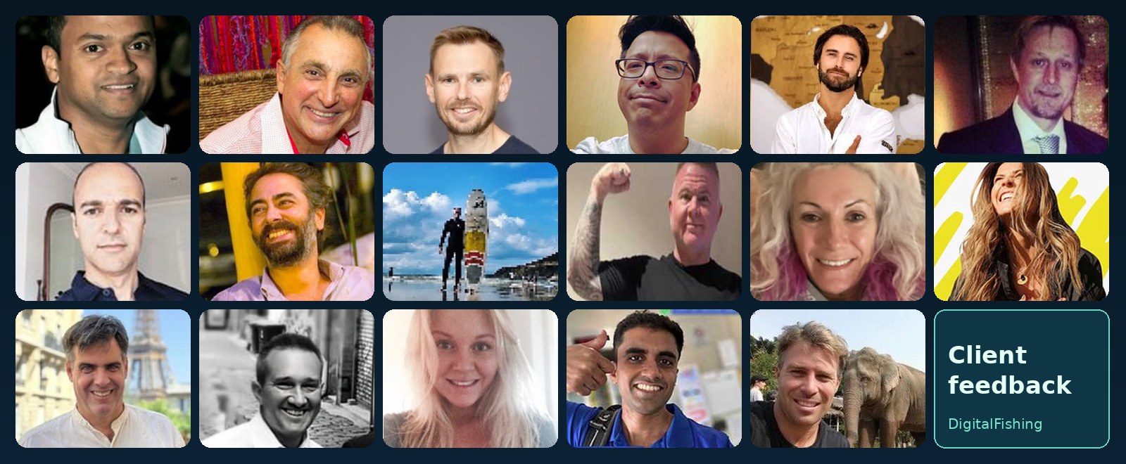 Photo wall of customer testimonials and collaborators associated with DigitalFishing